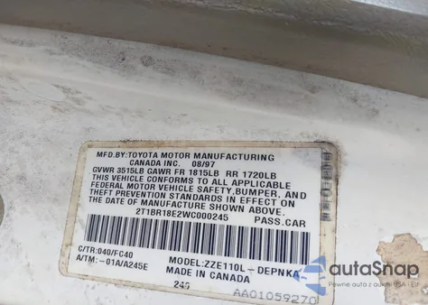 1998 Toyota Corolla Le из США, поврежденный, VIN 2T1BR18E2WC000245